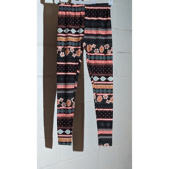 No Boundaries Floral Print Fashion Leggings Black Pink Boho Patterned Small - Picture 2 of 5